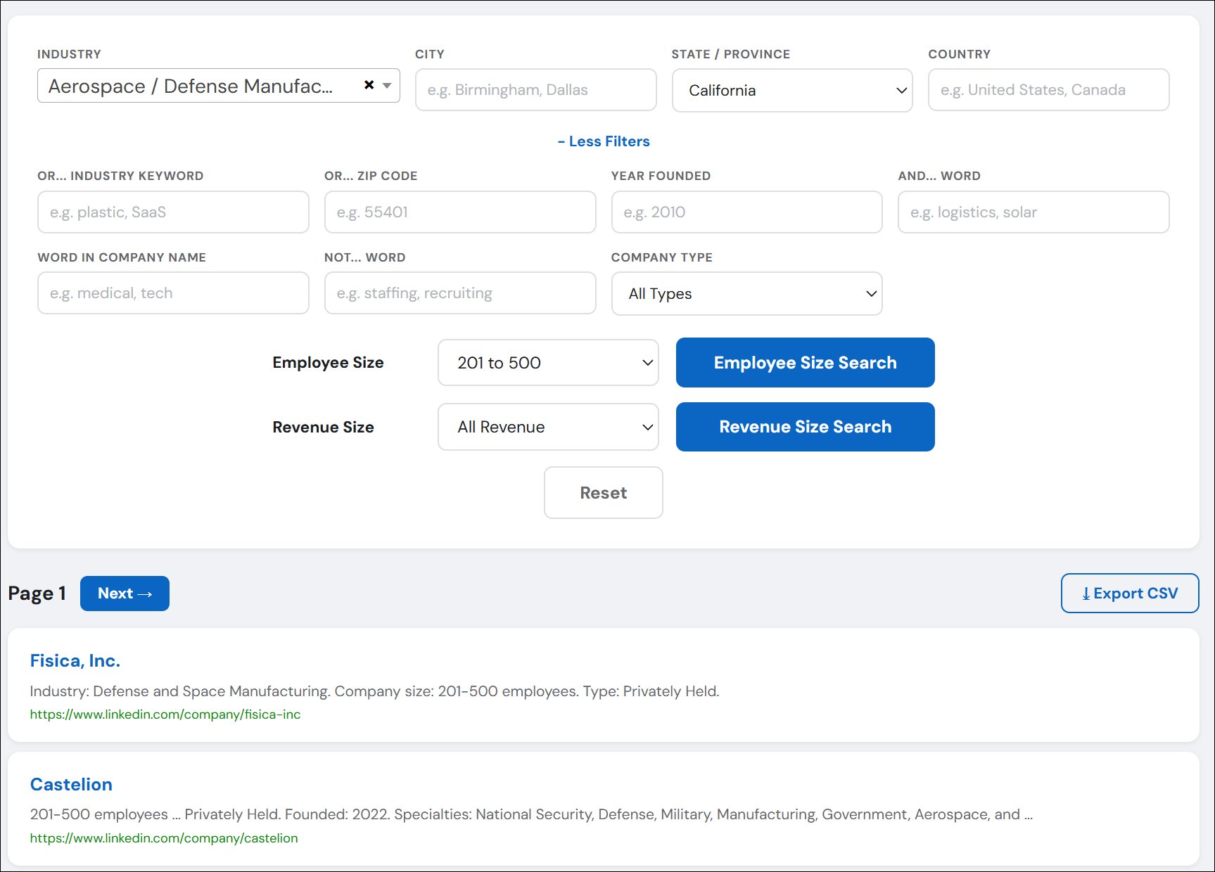 Company search filtered by industry, location, employee size, revenue