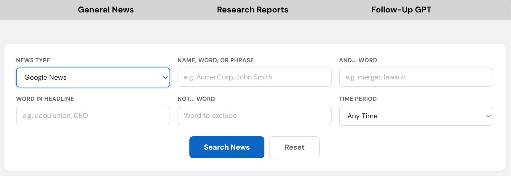 Communications interface with General News, Research Reports, and Follow-Up GPT tabs