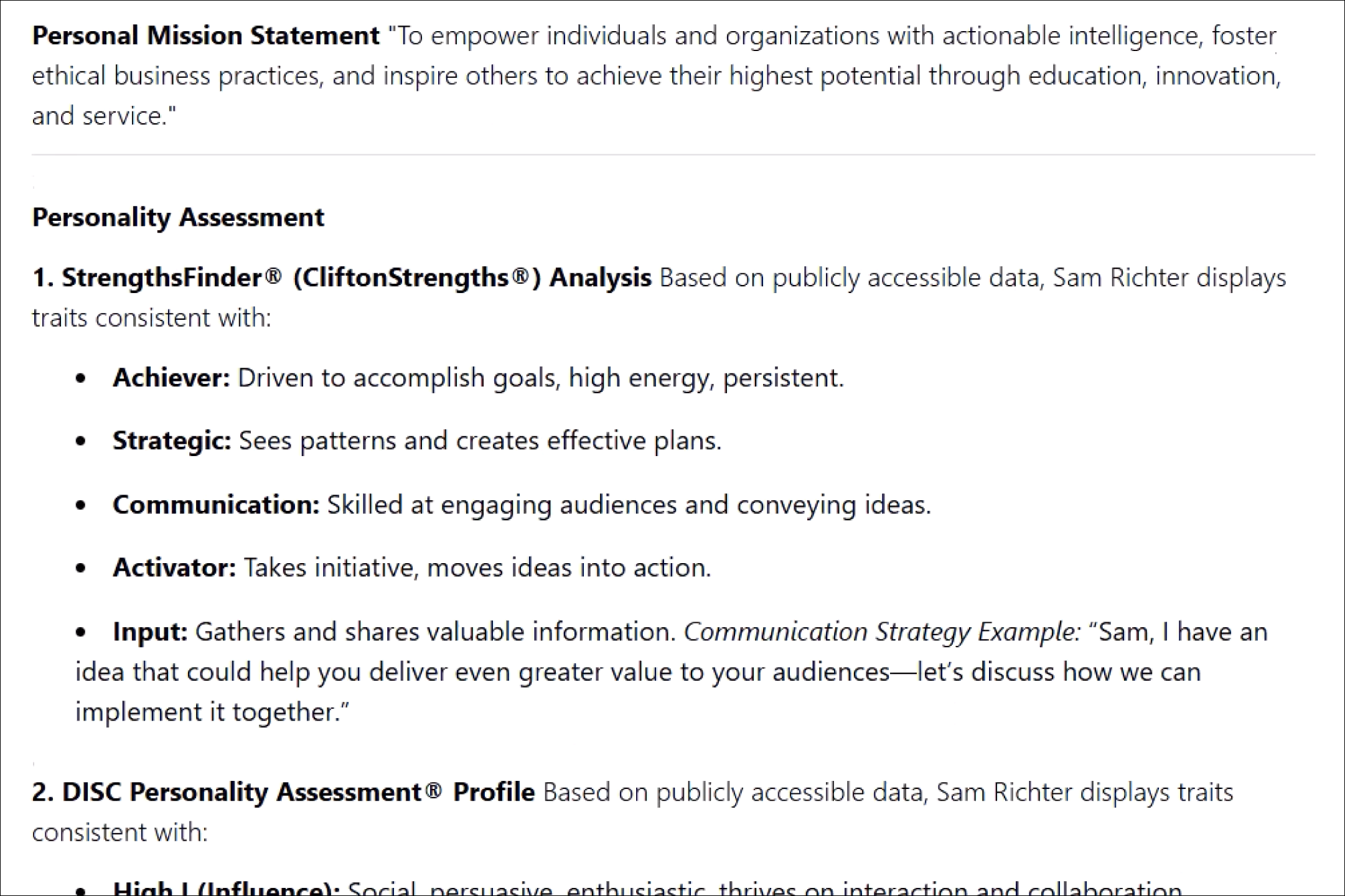 Personal Analysis with Mission Statement, StrengthsFinder, and DISC sections