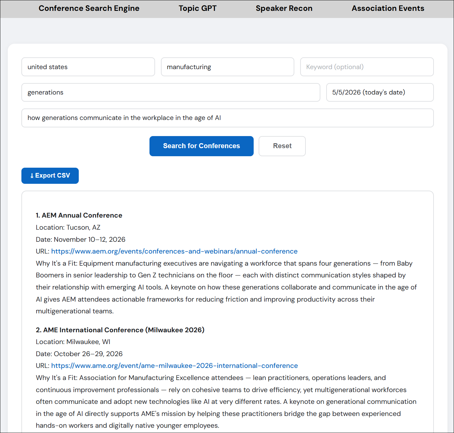 Topic GPT result page with 'Why It's a Fit' explanations